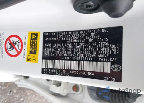 2016 Toyota Camry Le из США, поврежденный, VIN 4T4BF1FK4GR528411